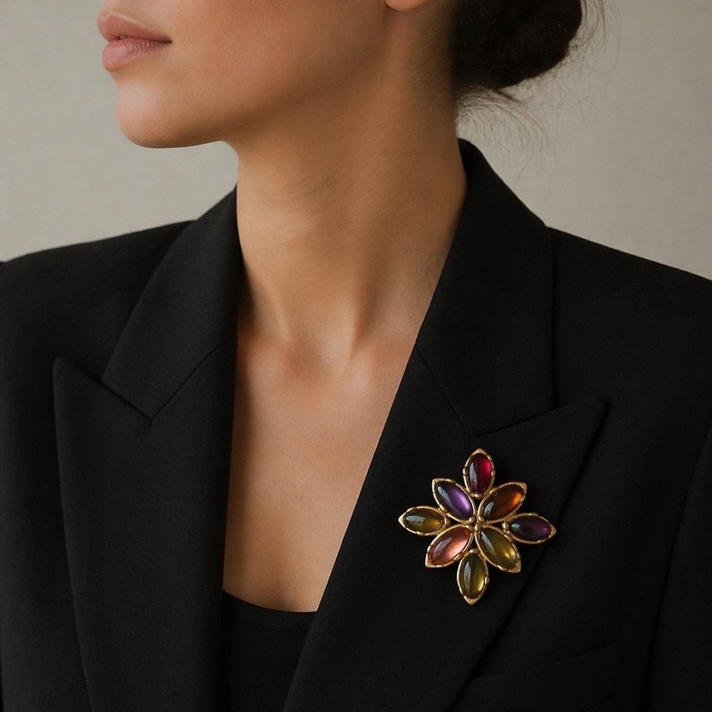 Vintage Multicolor Glass Cabochon Floral Brooch Gold Tone Statement Pin